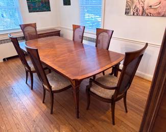 44” x 92” Complete Solid Wood Dining Set for Six (two chairs w/ arms & four w/o arms), a leaf and custom protective cover