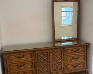 Vintage Mid-Century Modern Nine-Drawer Dresser with Mirror (20” x  77” x 33” ) (Mirror 30” x 50”)