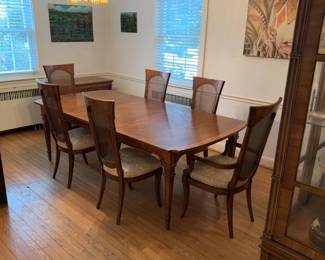 44” x 92” Complete Solid Wood Dining Set for Six (two chairs w/ arms & four w/o arms), a leaf and custom protective cover