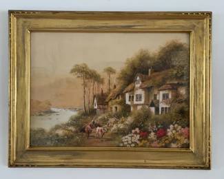 14”x17” Professionally Framed Pastoral Landscape Print by R. Thornton with Cottages and Cattle