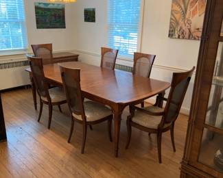 44” x 92” Complete Solid Wood Dining Set for Six (two chairs w/ arms & four w/o arms), a leaf and custom protective cover