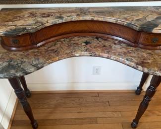 Kidney-Shaped Marble Top Two-Tier Console Table with Marquetry Inlay