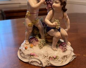 Early 20th century 10” Vintage Porcelain Figurine of Two Cherubs with Grapes and Basket