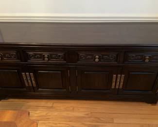 72” x 32” x 19” Dark Wood Asian-Style Buffet Server with Brass Hardware