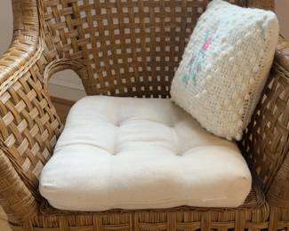 Woven Wicker Wingback Armchair with Cushions