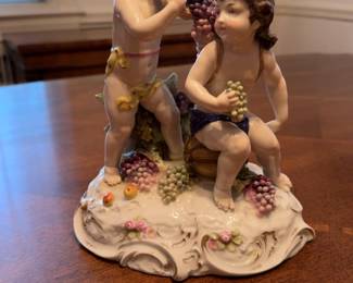 Early 20th century 10” Vintage Porcelain Figurine of Two Cherubs with Grapes and Basket