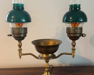 Vintage Double Arm Student Lamp with Green Glass Shades
