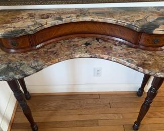Kidney-Shaped Marble Top Two-Tier Console Table with Marquetry Inlay
