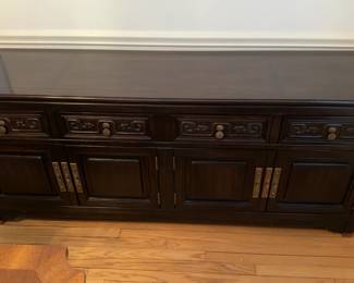 72” x 32” x 19” Dark Wood Asian-Style Buffet Server with Brass Hardware