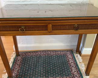 Vintage Wooden Coffee Table with Glass Top and Rattan Accents
