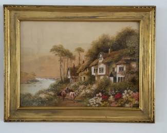 14”x17” Professionally Framed Pastoral Landscape Print by R. Thornton with Cottages and Cattle