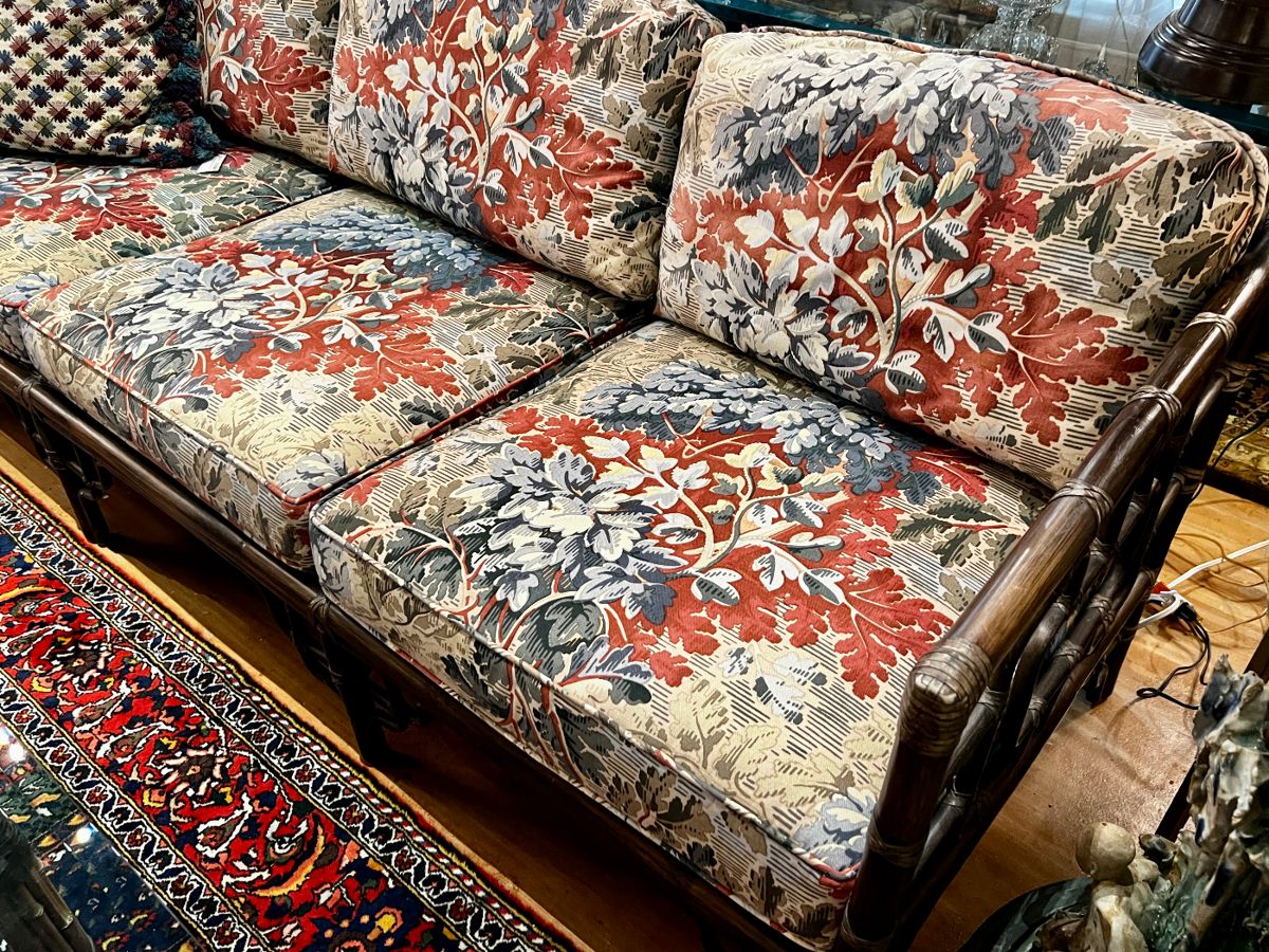 Vintage McGuire “Marview” 3-Cushion Sofa- bamboo frame, custom upholstery. Coordinating Sofa/Console Tables Available 