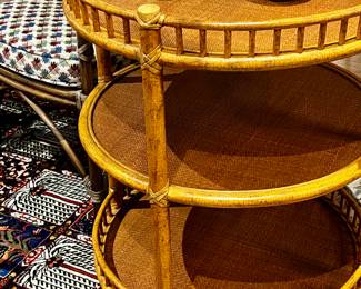 McGuire 3-Tiered Gallery Top Wheeled Serving Table / Bar Cart - reed and cane construction 