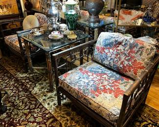 Pair of Vintage McGuire “Marview” Lounge Chairs- bamboo frame, custom upholstery, coordinating Vintage McGuire Side Table -bamboo frame, glass top