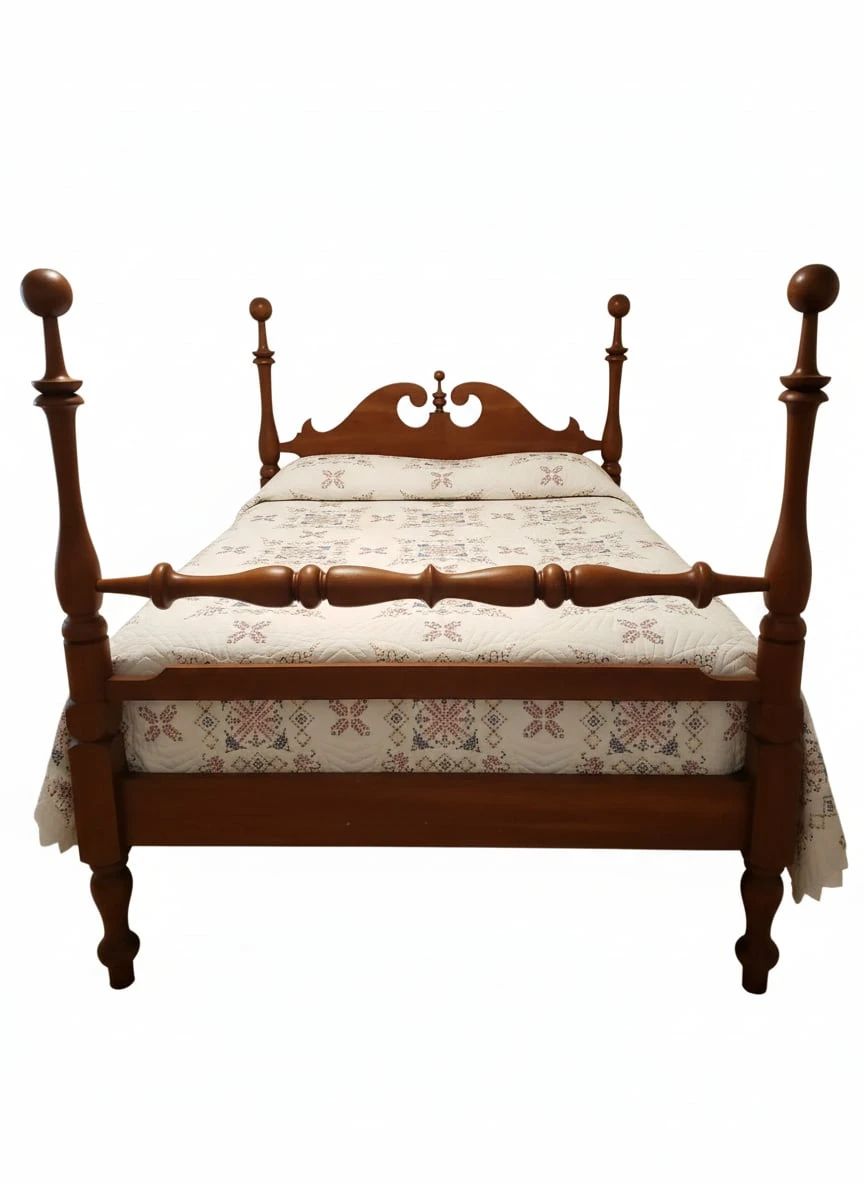 McMahan Furniture Company (Campbellsville, Ky) Cherry Cannonball FourPoster Full Size Bed with Folk Art Quilt