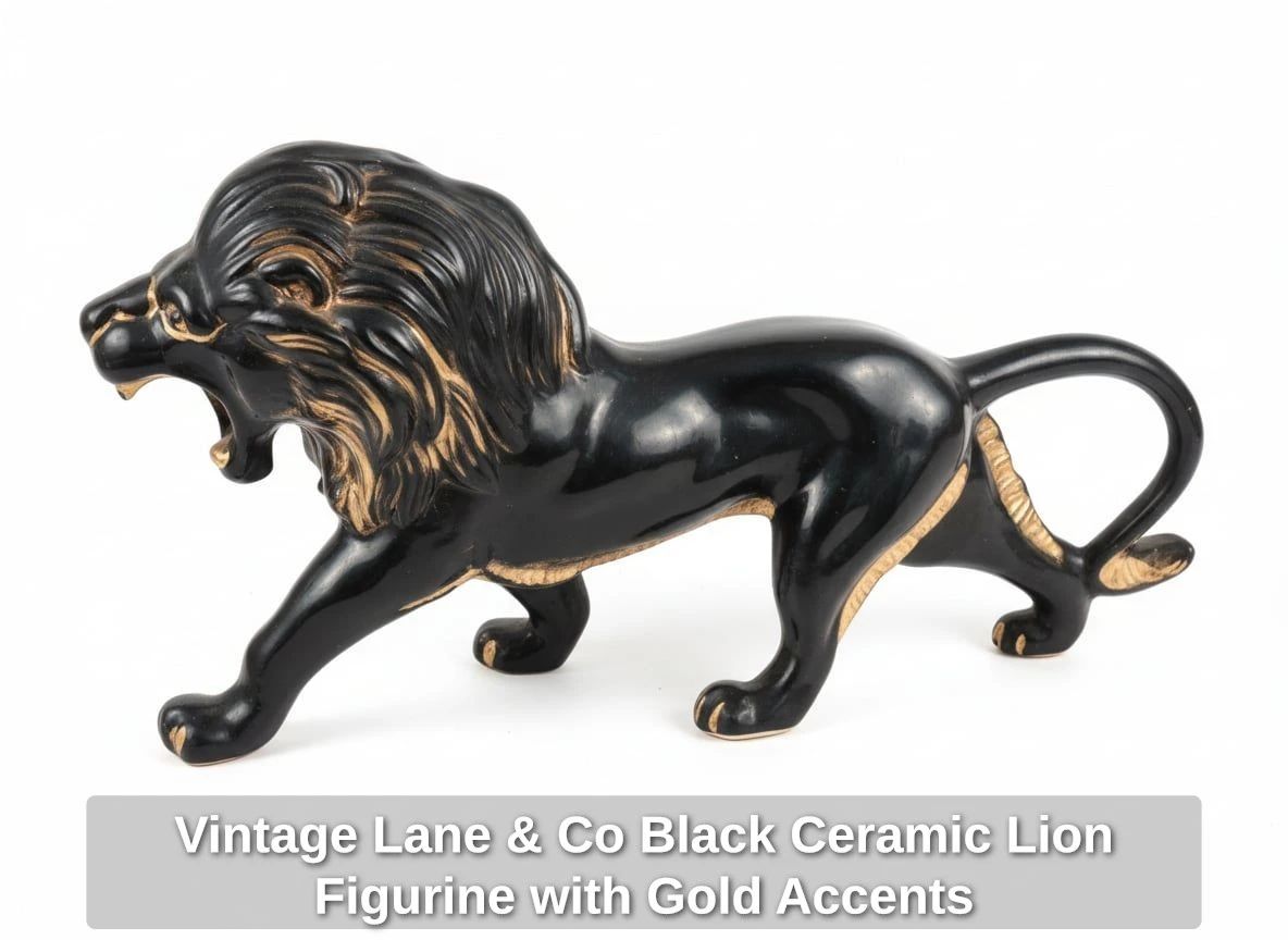 Vintage Lane  Co Black Ceramic Lion Figurine with Gold Accents