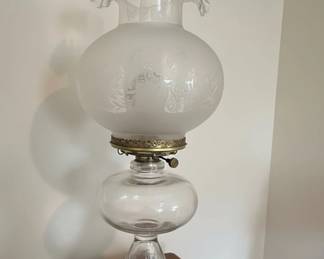 Victorian Princess Feather Frosted Glass Oil Lamp Set of 2