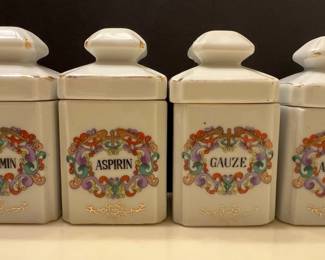 Vintage Porcelain Apothecary Jars Set Aspirin, Gauze, Adhesive, Vitamin