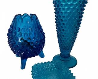 Blue Hobnail Glass Vases and Trinket Dish