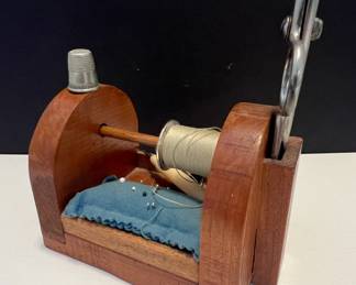 Wooden Sewing Box with Thimble, Scissors, and Spool
