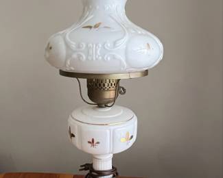 White Milk Glass Hurricane Lamp with Gold Floral Decals