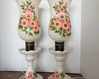 Pair of HandPainted Milk Glass Hurricane Lamps with Pink Floral Motif