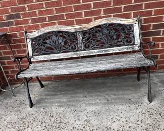 Vintage Cast Iron and Wood Flower Pattern Garden Bench
