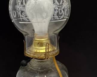 Vintage Clear Glass Oil Lamp with Etched Hurricane Shade