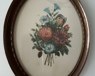 J.L. Prevost Bouquet of Roses and Lilacs Floral Lithograph Oval Framed Art