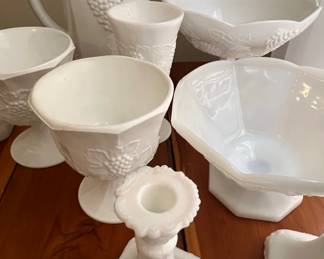 Milk Glass Paneled Grape Pitcher, Bowls, and Candlestick Holder Set