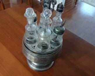 Antique Meriden SilverPlated Cruet Set with Etched Crystal Decanters