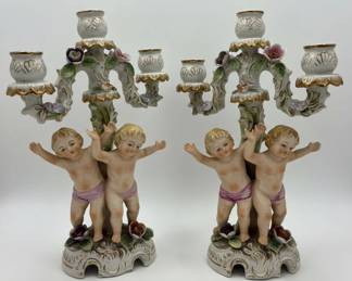Porcelain Cherub Candelabra Pair