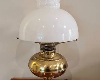 Pair of Brass Oil Lamps with Milk Glass Shades