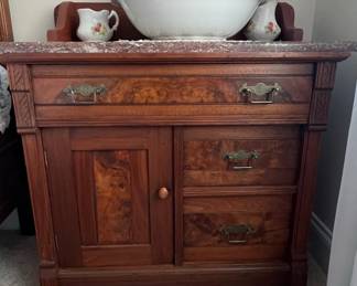 Victorian Eastlake Style Walnut Washstand with Burl Veneer and Marble Top