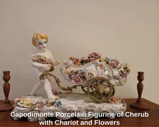 Capodimonte Porcelain Figurine of Cherub with Chariot and Flowers