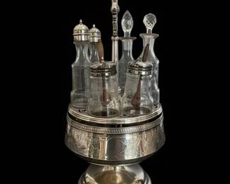 Antique Silverplate Condiment Caddy with Etched Glass Bottles