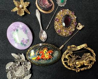 Assorted Vintage Brooches and Stick Pins including BenHur and Chariot Motifs