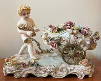 Capodimonte Porcelain Cherub and Flower Cart Figurine