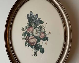 J.L. Prevost Bouquet of Roses and Lilacs Floral Lithograph Oval Framed Art