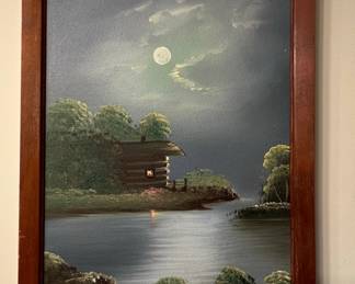 Moonlit Cabin Landscape Painting
