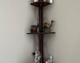 Vintage Corner Shelf with Ceramic Animal Figurines Collection