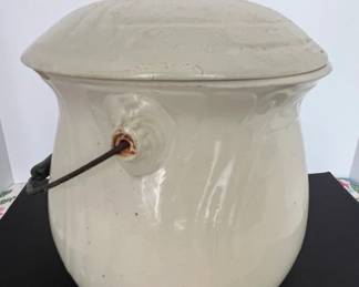 Antique Stoneware Butter Churn Pot with Lid and Bail Handle