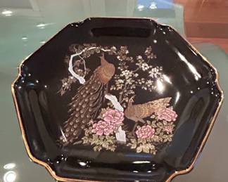 Otagiri Black Porcelain Octagonal Bowl with Peacocks and Peonies