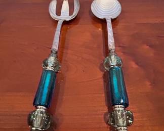 Vintage Glass and Metal Salad Servers