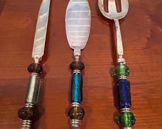 Beaded Handle Serving Set, Decorative Trivet, Pottery Barn Napkins, Wooden Chopsticks, Lacquered Chopsticks, and Fabric Coasters