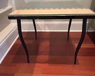 French Art Deco Round Burl Wood Side Table with Black Legs