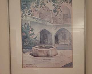 Watercolor Painting of a Courtyard with Fountain by M. Hassan
