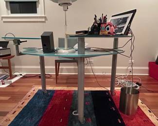 Modern Glass Top Desk with Dual Shelves and Metal Frame