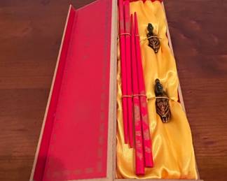 Beaded Handle Serving Set, Decorative Trivet, Pottery Barn Napkins, Wooden Chopsticks, Lacquered Chopsticks, and Fabric Coasters fourth image