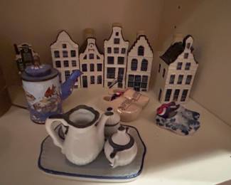 Delft Blue Ceramic Houses and Miniature Tea Set with Dutch Clogs